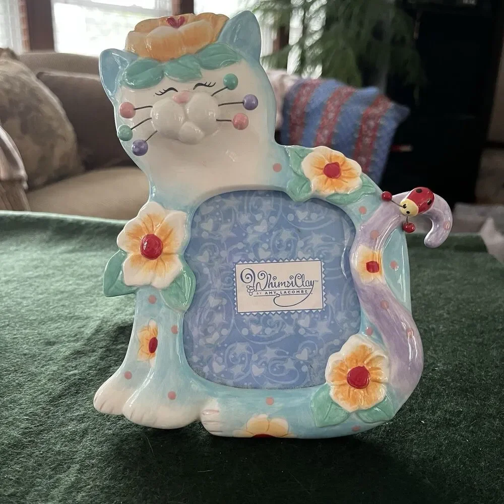 Amy Lacombe Whimsi Clay  Picture Frame Kitty Cat Aha Made you Smile 2006 Vintage